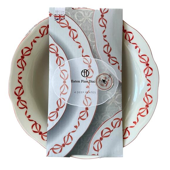 Red Bow Border Ceramic 9in Dinner Bowls Set of 4 Eaton Fine Dining Holiday New - Picture 7 of 16